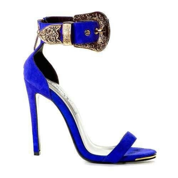 🍋 Jennifer Le blue suede & gold buckle heels 36 - Picture 3 of 13